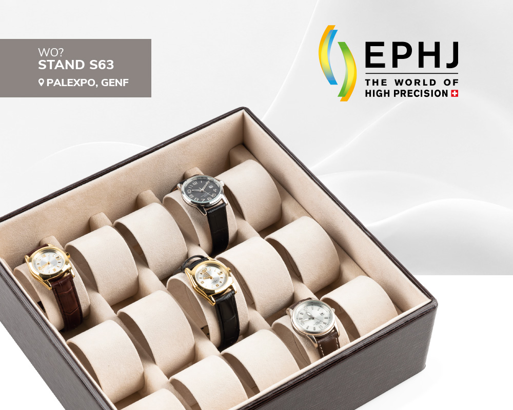 Kling Messetermin auf der EPHJ 2026 in Genf, Stand S63, mit hochwertiger Uhrenbox für professionelle Warenpräsentation.