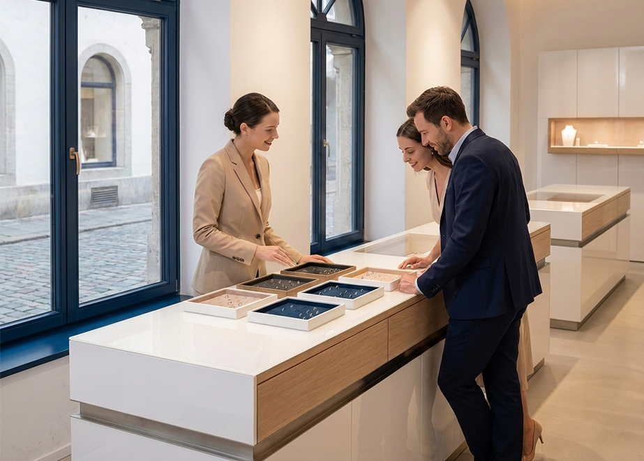 Plateaux Vario Norm en bijouterie Conseillère en bijouterie présentant des bijoux à deux clients avec des plateaux Vario Norm sur le comptoir